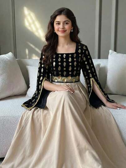 SHEIN فستان أنيق ذو أكمام كيب وخصر مربوط بنمط أسود وذهبي أنيق، فستان جلابية عربي، متميز