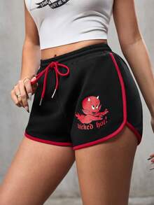 HOT STUFF X SHEIN Women's Casual Cartoon Pattern Elastic Waist Contrast Trim Shorts, Summer - Black - View 5