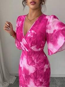 Elenzga 扎染印花V领泡泡袖修身长款连衣裙，优雅法式度假及拍照连衣裙，女士亮粉色连衣裙，优雅洋红色连衣裙，女士亮粉色连衣裙，曲线粉色连衣裙，优雅洋红色礼服，女士裹身连衣裙，女士连衣裙，女士正装连衣裙，惊艳连衣裙 - 彩色 - 查看 4