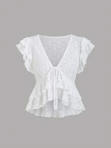 Sweetra Women's White Layered Tie Bow Lace V-Neck Short Sleeve Blouse, Spring/Summer - White - View 1