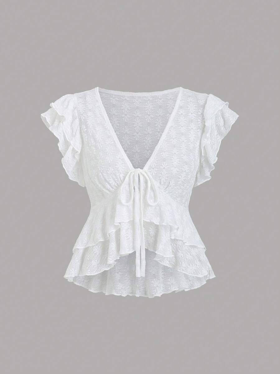 Sweetra Women's White Layered Tie Bow Lace V-Neck Short Sleeve Blouse, Spring/Summer - White - View 1