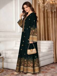 SHEIN Najma 大码女式复古花卉植物印花长袖休闲阿拉伯风格套装，春秋季 - 彩色 - 查看 3