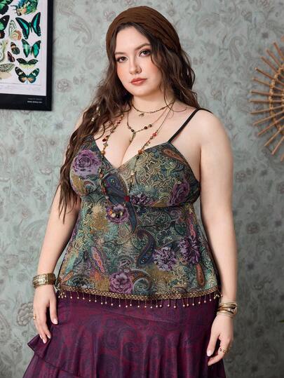Hippie Paisley Pattern Retro Print Pendant Tassel Hem Camisole, Plus Size Vintage Camisole And Tank Top