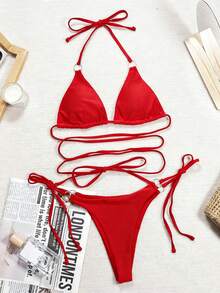 SHEIN Swim SXY 纯色低腰比基尼泳衣 - 紅色 - 查看 4