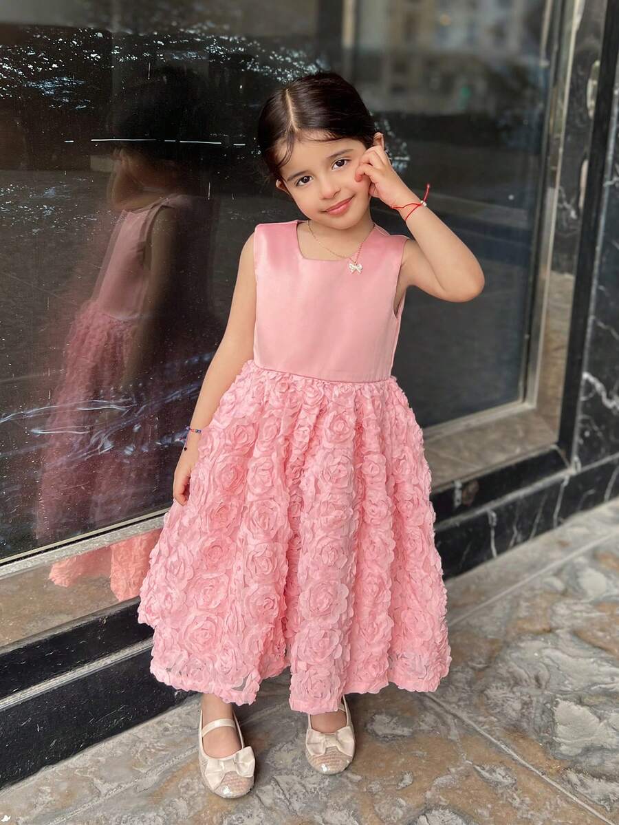 DAZY 年轻女孩 3D 花卉装饰简约无袖优雅连衣裙，女孩夏季服装 - 粉色 - 查看 1