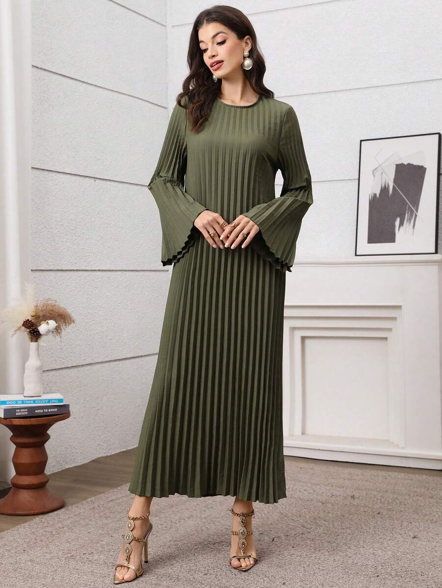 Graceveil Olive Green Long Sleeve Pleated Elegant Arabic Style Dress - Army Green - View 1