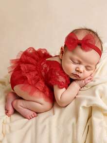 SHEIN Newborn Girl Red Lace Romper Photography Outfits With Bow Headband Baby Photography Outfits Valentine's Clothes Newborn Lace Photography Outfit Baby Girls Photography Sets Newborn Red Dress Red Headband Baby Newborn Baby Girl Clothes Newborn Photography Outfit Baby Girl Photography Sets - Red - View 5