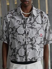 NEON BLANC Camisa Casual Masculina de Estampa Floral Xadrez, Caimento Solto e Ombros Caídos, Estilo de Férias de Verão - Preto - Visão 5