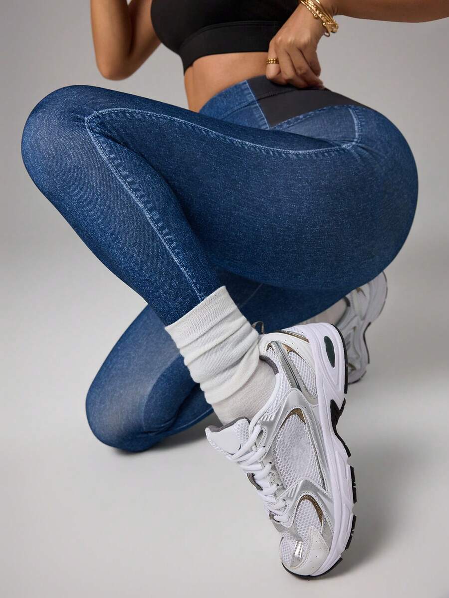 Dewbera Women's Leggings Fake Denim Skinny Pants High Stretch Tummy Control Slim Fit Casual Sports Versatile Best Seller - Blue - View 1