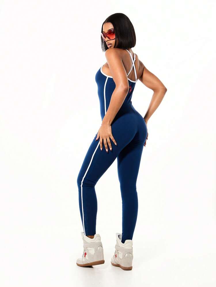 BABYPHAT Logo Halter Navy Unitard With White Contrast Piping And Front Graphic Print For Casual Everyday Wear Women's 4th Of July Women Red White And Blue 4th Of July Women Tank Usa Tank Top Women 4th Of July Crop