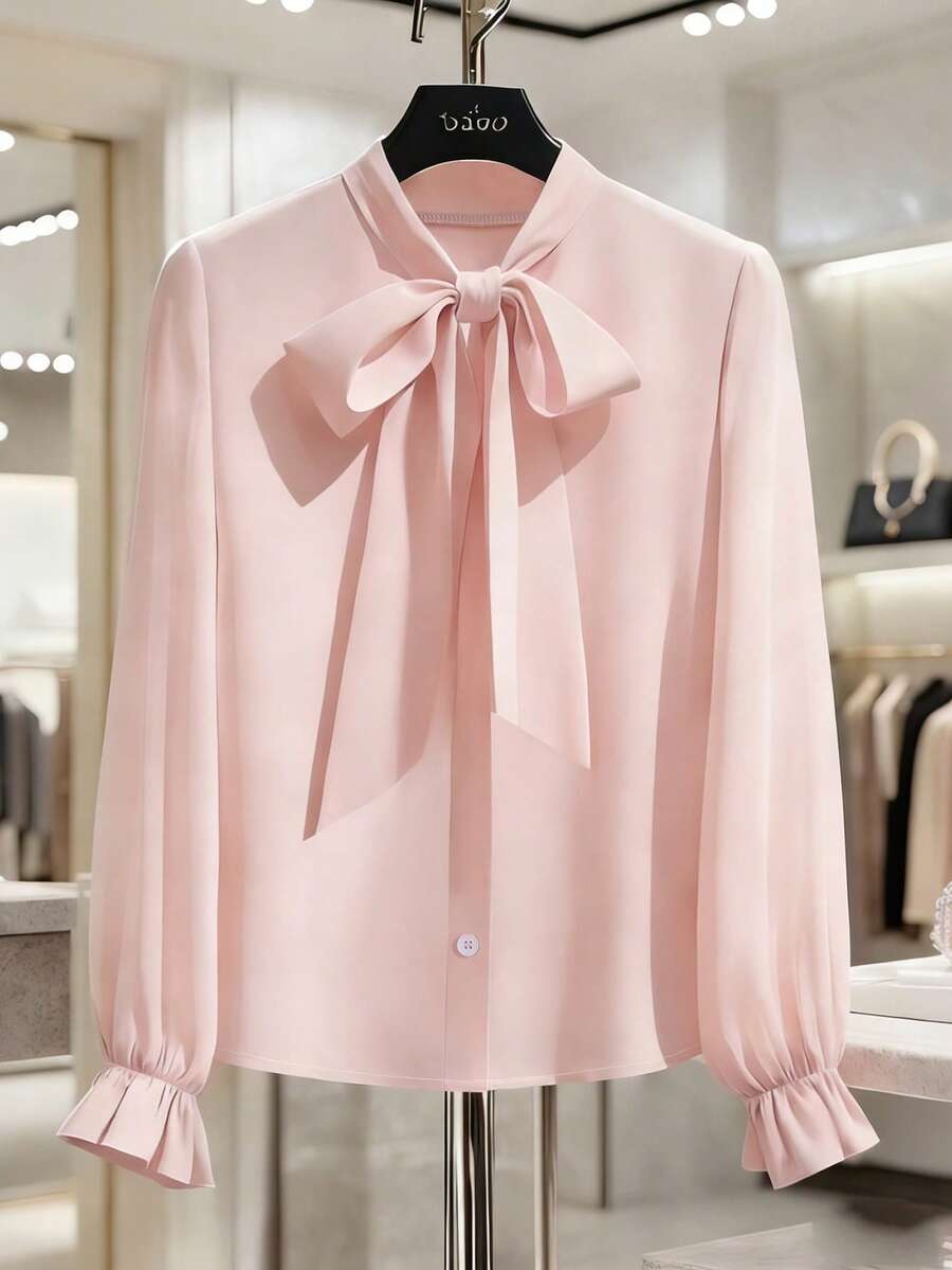 GlowEve Women's Elegant Solid Color Bow Tie Blouse, Spring/Summer - Baby Pink - View 1