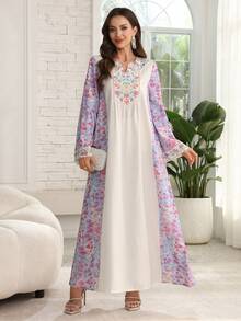Al Najma Elegant Floral Print Notched Neck Flare Sleeve Loose Robe - Multicolor - View 5