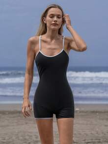 Swim SPRTY Summer Beach Vacation Women's Spaghetti Strap Ribbed One Piece Swimsuit - Black and White - View 4