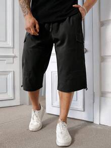 Manfinity Homme Plus Size Men's Casual Fashionable Street Wear Daily Commute Solid Color Flap Pocket Cargo Shorts, Summer Short Pants Streetwear Men Drawstring - Black - View 3