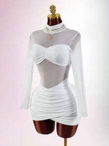 Amplova 女士秋季时尚长袖褶皱修身迷你连衣裙 - 白色 - 查看 1