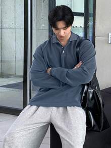 DAZY 男士休闲百搭长袖蓝色Polo衫，春季 - 藍色 - 查看 5