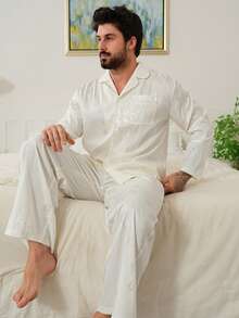 DAZY Men's Satin Twill Shirt & Loungewear Set, Autumn - White - View 6