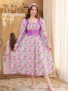 Teen Girl Floral Print Waist Eyelet Tie Design 2 In 1 Dress - Multicolor - View 4