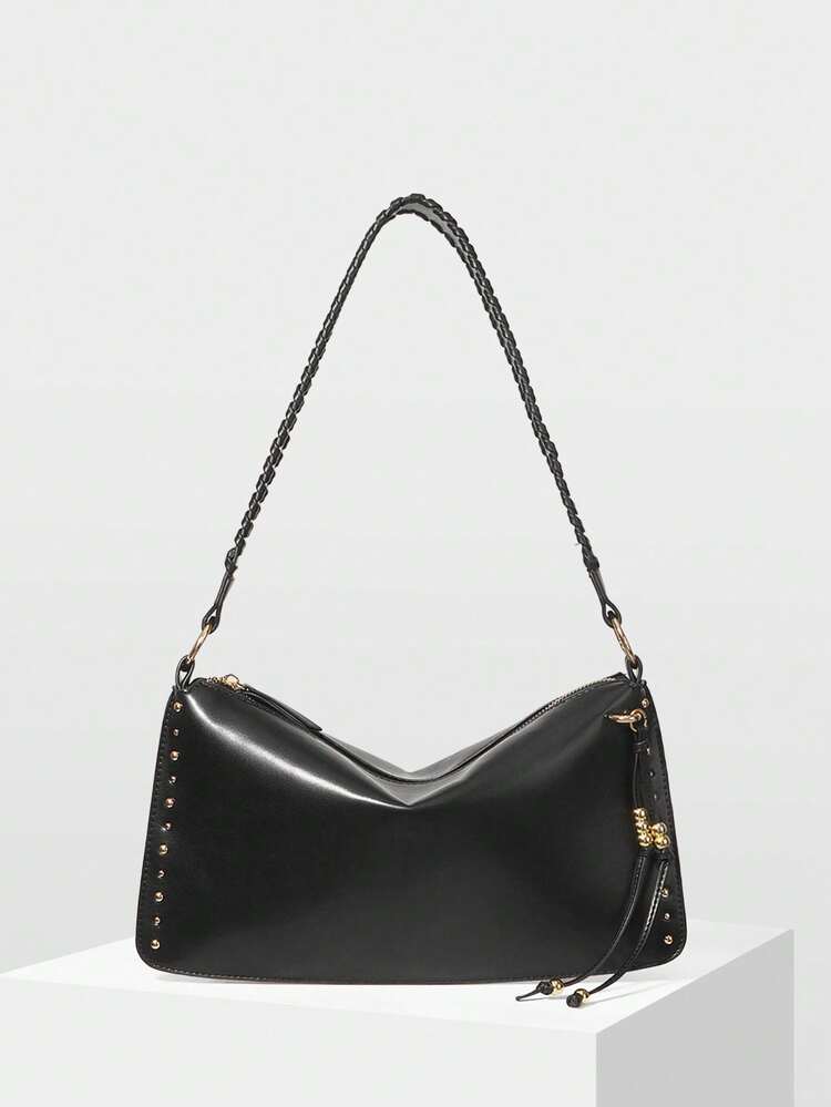 1 BOLSO DE HOMBRO HECHO A MANO CON CUERDA TEJIDA Y DETALLES DE TACHUELAS PARA MUJER