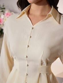 Modelyn Elegant Apricot Plain Long Sleeve Button Front Shirt With Flared Hem For Women Women's Spring/Summer Apricot Long Sleeve Faux Linen Bamboo Knot Tie Waist A-Line Elegant Blouse  Women's Plain Apricot Long Sleeve Blouse With Shirt Collar And Button Front Details Elegant Women's Apricot Blouse Long Sleeve Shirt Collar Button Front Flared Hem Top - Apricot - View 6