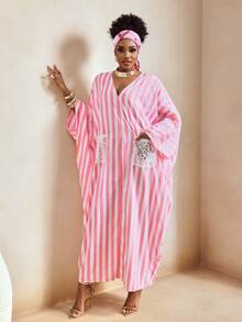 BamGleam Women's Striped Lace Patchwork Casual Loose Party Batwing Sleeve Dress - Multicolor - View 5