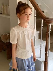DAZY Tricou de vară pentru fete preadolescente, cu guler rotund, casual, lejer, cu mânecă scurtă - Bej - Vizualizare 4
