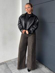 Jeta Ari 女式豹紋寬腿休閒牛仔褲，附有口袋 - 卡其色 - 查看 1