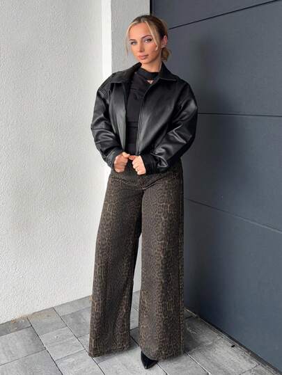 Jeta Ari 女式豹紋寬腿休閒牛仔褲，附有口袋