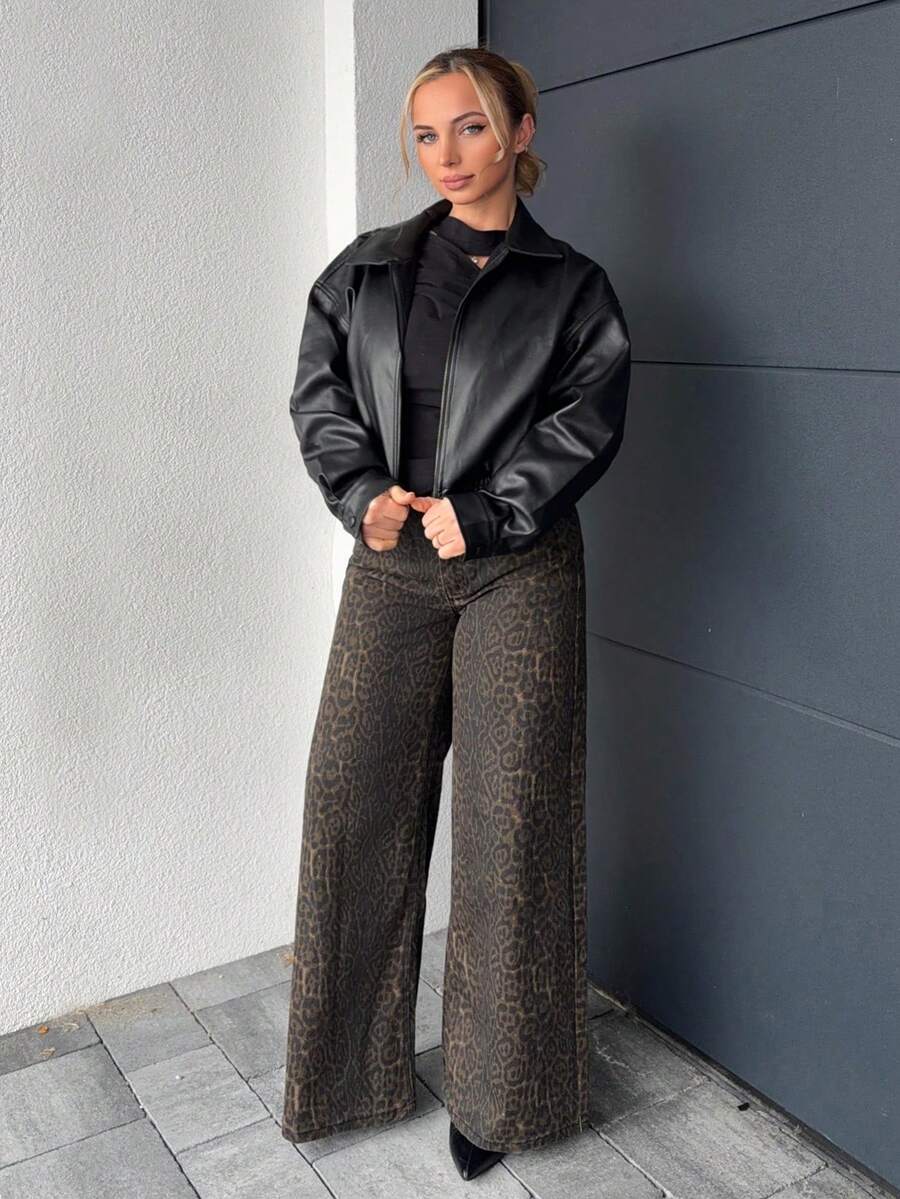 Jeta Ari 女式豹紋寬腿休閒牛仔褲，附有口袋 - 卡其色 - 查看 1