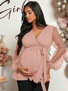 Loomaby Maternity Solid Color Mesh Patchwork Wrap Tie Front Long Sleeve Shirt, Suitable For Baby Shower - Pink - View 5