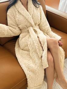 DAZY Women's Minimalist Textured Fleece Long Robe, Winter Loungewear - Apricot - View 7