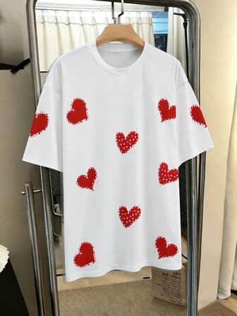 Camiseta de manga corta con cuello redondo y estampado de corazón para el Día de San Valentín para hombres, informal para vacaciones, cenas, citas diarias, diseño simple y versátil, adecuado para uso personal o regalo a amigos