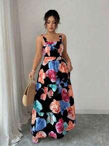 Elenzga Vestido casual sin mangas con estampado floral y cintura ceñida para mujeres de talla grande, ideal para vacaciones y uso diario - Negro - Ver 5