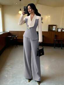 Elenzga 女士秋冬季办公室商务休闲套装，金属装饰，收腰设计，不对称优雅通勤时尚套装 - 霧霾藍 - 查看 3