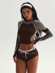 Dewbera Dewbera Women's Contrast Color Round Neck Long Sleeve Sports T-Shirt Brown Gym Top - Brown - View 5