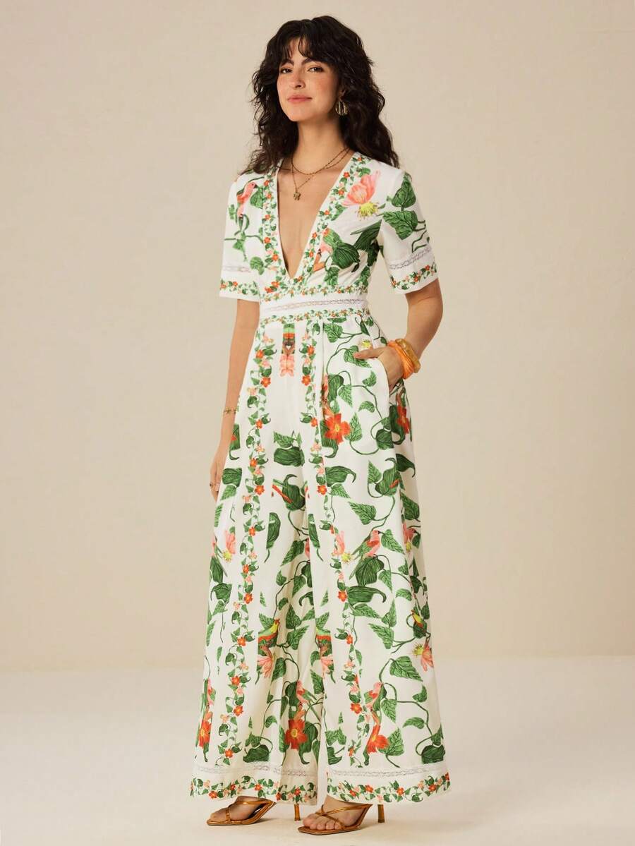 Felipe Marques Women's Floral Print Puff Sleeve Jumpsuit, Casual For Vacation, Party, Bohemian Style, Suitable For Spring And Autumn - Apricot - View 1