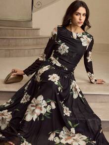 ZEYLAH Elastic Mesh Floral Print Long Sleeve Knit Dress - Black - View 5