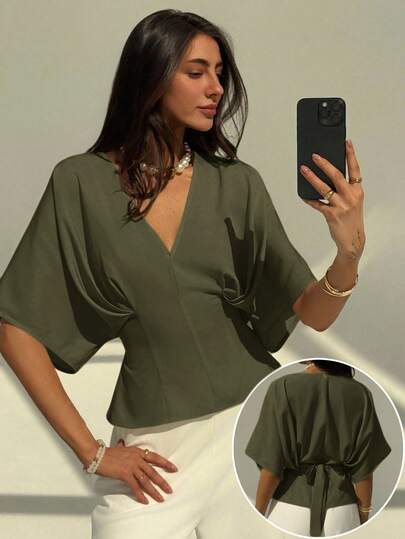 Aloruh Elegant Solid Color Short Sleeve Blouse, Minimalist Loose Fit, Bowknot Tie Back Design, Versatile For Office & Commute, Green
