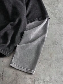 AXEPEAK 男士休闲时尚街头复古美式风格二合一长袖T恤，春秋季 - 黑色 - 查看 4