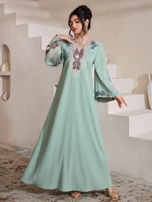 Al Najma Women's Elegant Embroidered Loose V-Neck Long Sleeve Kaftan Robe - Green - View 6