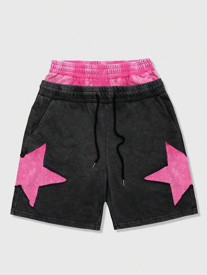 ROMWE MEN Street Life Spring/Summer Casual Graphic Men'S Double Layer Drawstring Waist Five-Pointed Star Pattern Pocket Casual Shorts