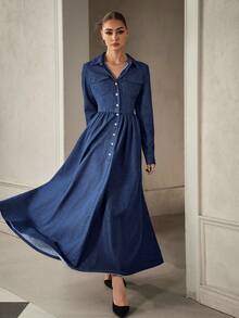 Selenza 女士长袖单排扣休闲牛仔衬衫裙 - 藍色 - 查看 7