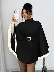 SHEIN Elenzya 女士披肩式喇叭袖羊毛混纺毛衣，优雅休闲，适合街头通勤、商务、浪漫约会、派对、圣诞节等场合，杏色，秋冬款 - 黑色 - 查看 6