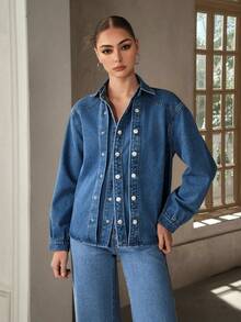 Selenza Women's Casual Commuter Double-Breasted Denim Jacket - Blue - View 5