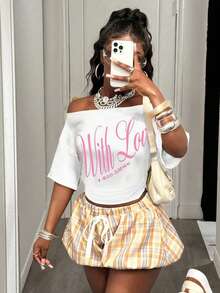 BamGleam 女士休闲不对称领口字母数字印花短款T恤，夏季 - 白色 - 查看 5