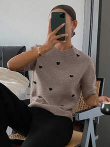 DAZY 爱心装饰宽松短袖圆领休闲针织上衣，女士，春秋季 - 卡其色 - 查看 4
