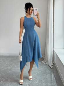 Selianne Women's Sexy Asymmetric Hem Backless Halter Neck Denim Dress, Summer - Medium Wash - View 7