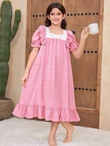 SHEIN 少女宽松休闲方领泡泡袖撞色刺绣花卉饰边家居服 - 藕粉色 - 查看 3