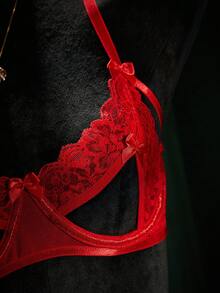 SpicyHot 5件套红色蕾丝渔网过膝长袜，性感内衣套装 - 紅色 - 查看 3