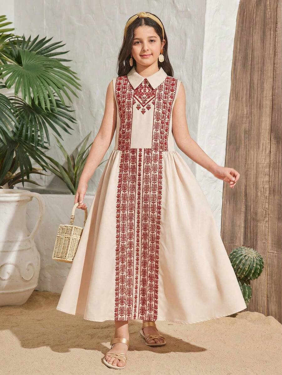 SHEIN 少女碎花拼接简约休闲春夏连衣裙,适合全家度假 - 紅白色 - 查看 1
